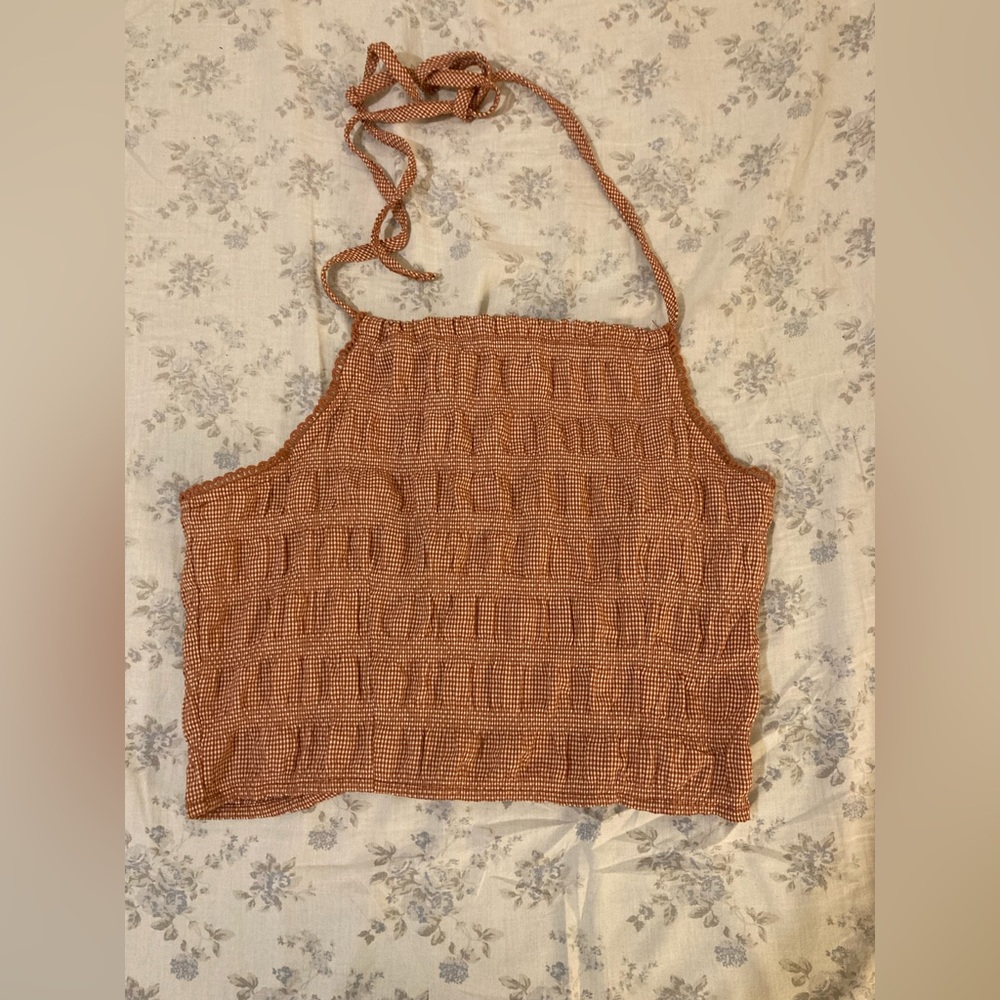 Forever 21 ruched halter top orange and white gingham cropped